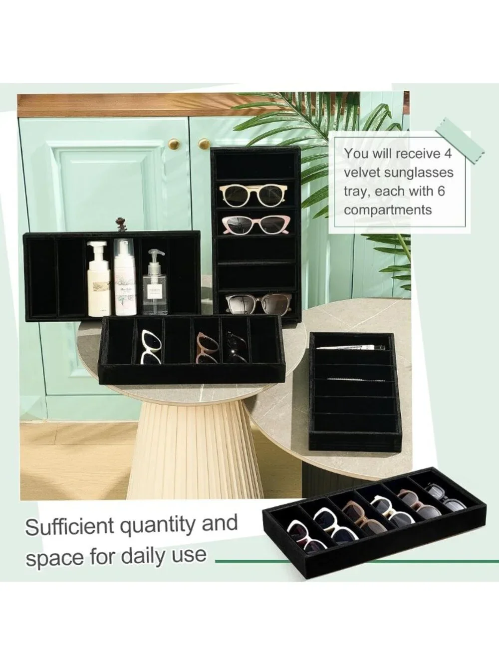 4-Piece Velvet Sunglasses Organizer Tray - Stackable 6-Grid Display for Glasses